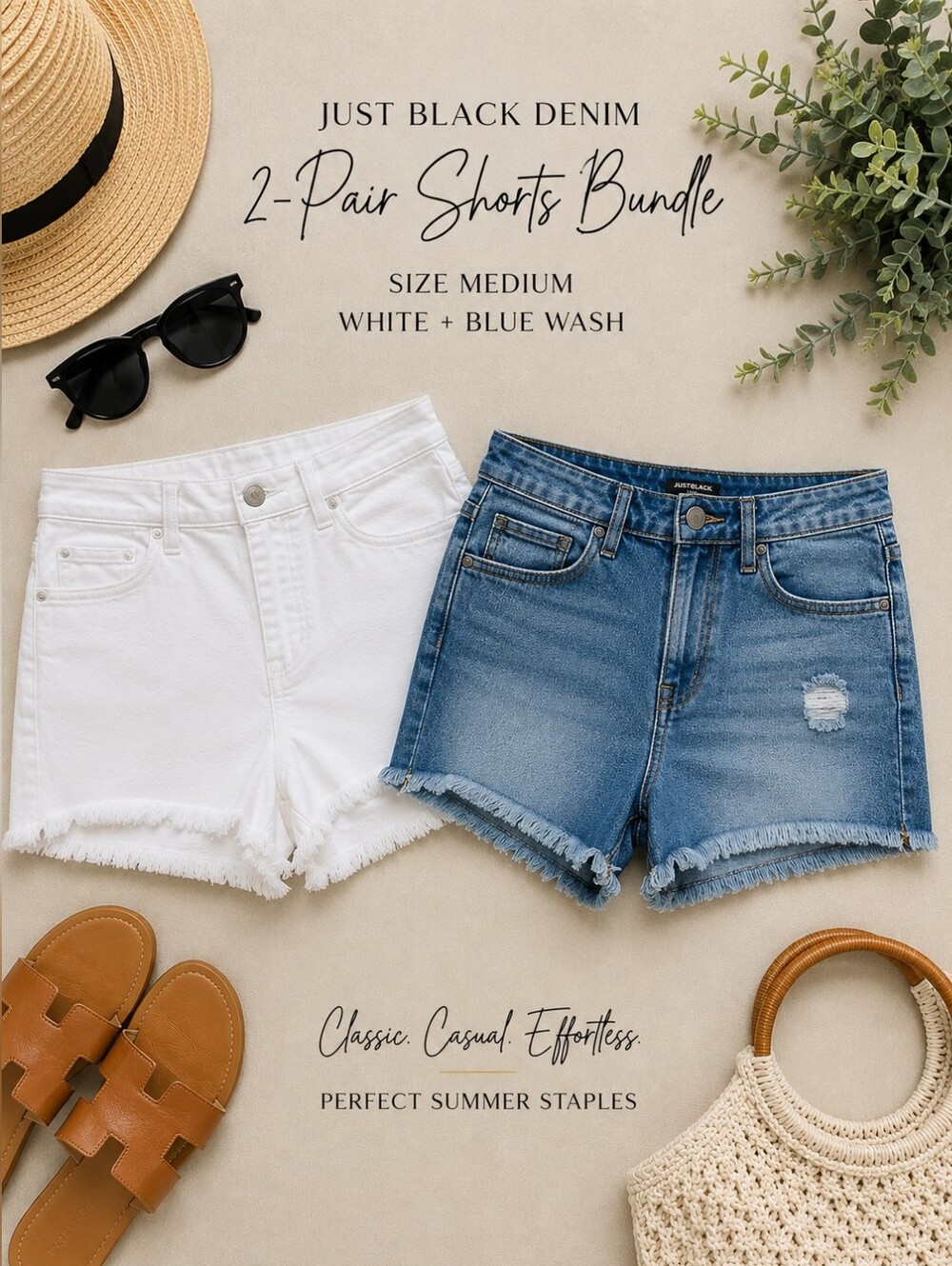 Just Black Denim Shorts Bundle Size M White & Distressed Blue Frayed Hem Summer